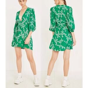 Faithfull the Brand Dress Plunge V-Neck Margot Green Floral Mini Women's Medium